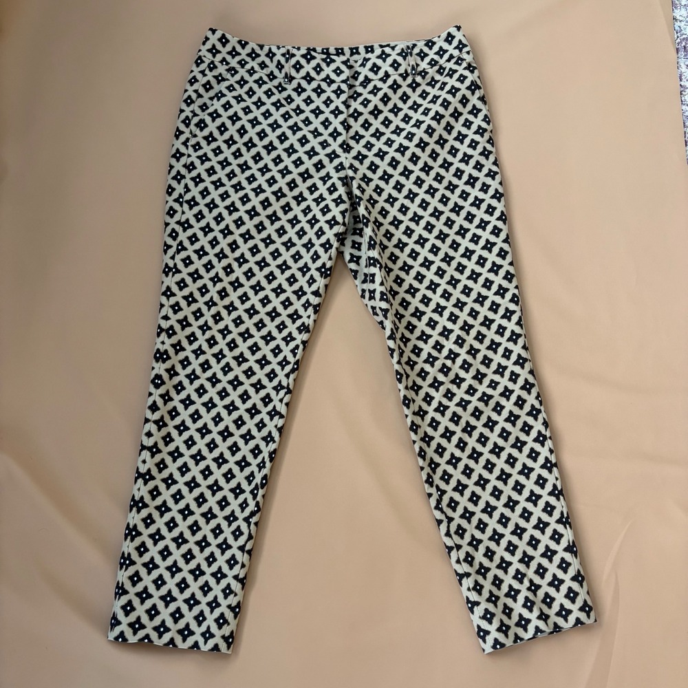 White House Black Market Slim Ankle Pants 10R Tan Black Geometric Diamond Print
